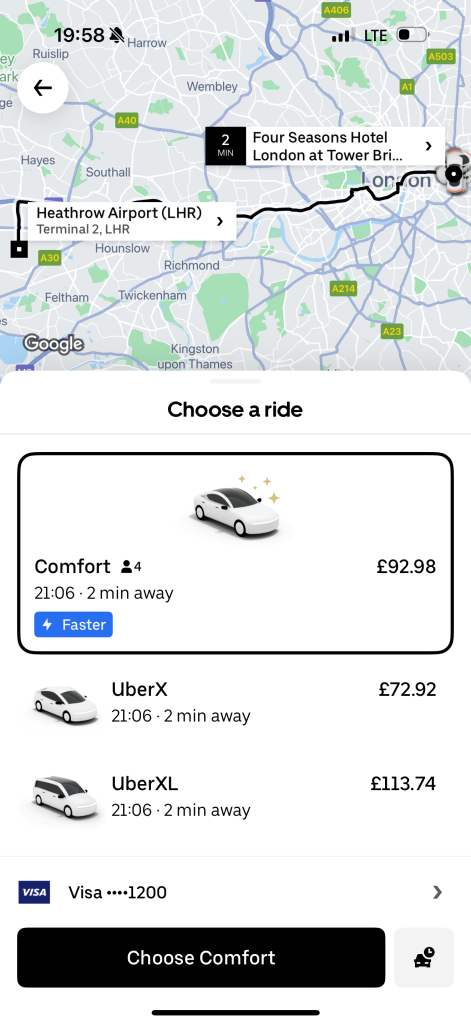 Uber booking screen class selection